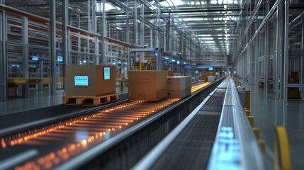 Obraz premium Automated package sorting action warehouse location industrial process content modern environment wide viewpoint efficiency concept