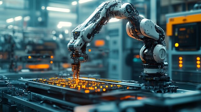 A massive robotic arm assembling glowing nanobots in a high-tech factory