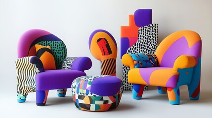 Amusing design with vibrant, abstract patterns and playful furniture shapes 
