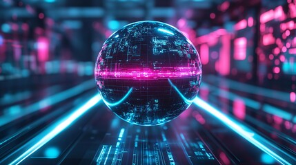 A futuristic robotic sphere floating above a neon-lit control room