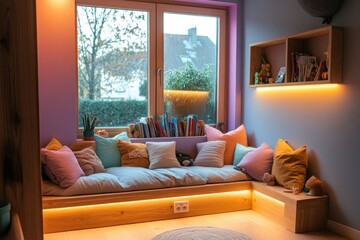Obraz premium Cozy reading nook with colorful cushions, warm lighting, and win