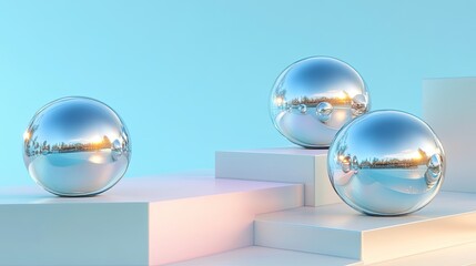 Reflective spheres arranged on geometric platforms, showcasing s
