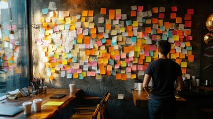 Obraz premium Creative Workspace with Colorful Sticky Notes on Wall, Person Contemplating Ideas in Coffee Shop, Inspirational Atmosphere for Brainstorming Sessions
