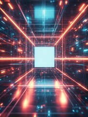 Abstract Digital Corridor With Glowing Lines And Square