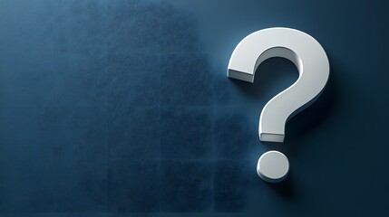 Three-dimensional white question mark stands boldly against deep blue background, featuring minimalist design with subtle shadow effects in modern composition.