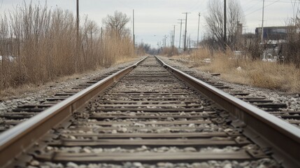 Fototapeta premium Railroad tracks receding to horizon on a cold, overcast day.