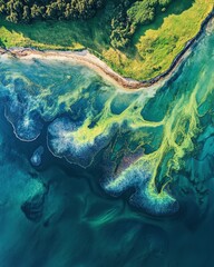 Aerial View of Vibrant Coastal Landscape with Lush Greenery, Turquoise Waters, and Blue Ocean Waves Meeting Shoreline Near Forested Area