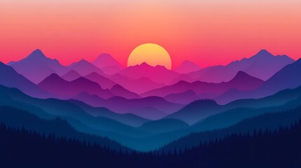 Stunning Sunset over Silhouetted Mountain Range with Vibrant Sky Gradient