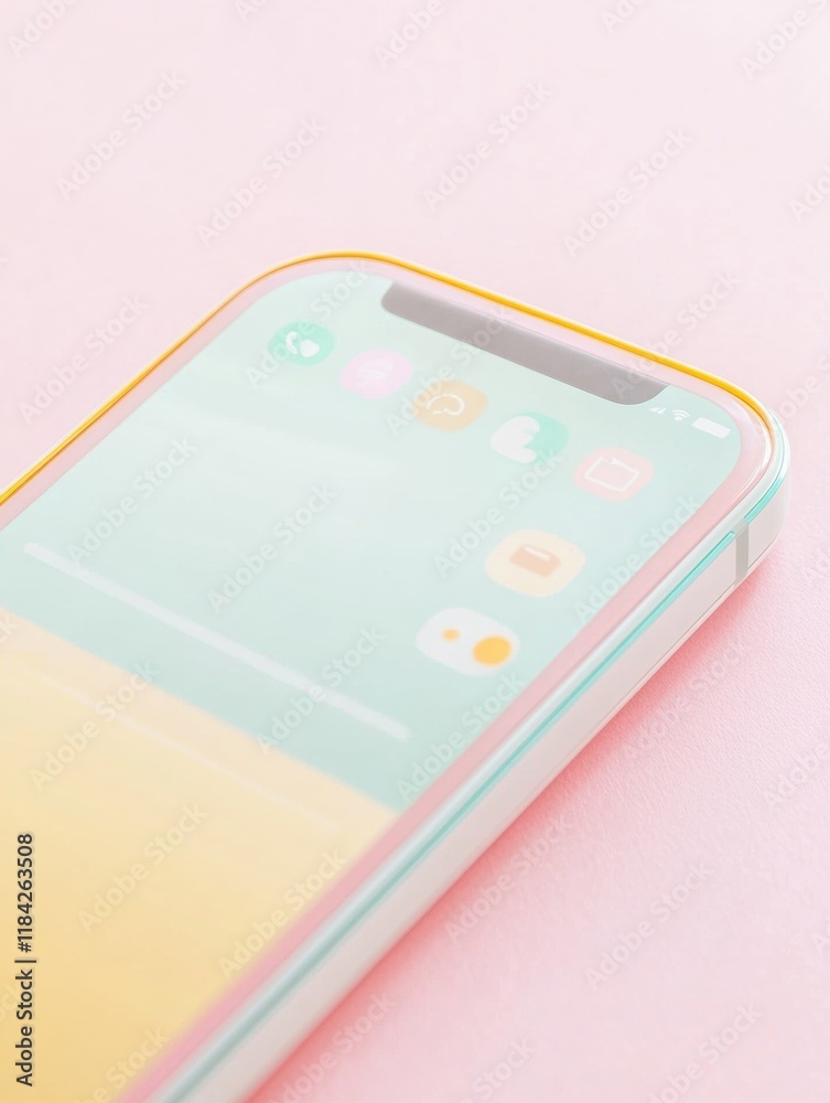 Aufkleber Close up view of a modern smartphone showcasing a colorful messenger chat on a pastel background. Generative AI