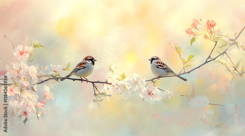 Poster two sparrows on blooming branches with soft pastel springtime background