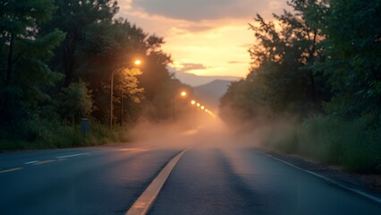 Naklejka premium Serene Sunset Road, Misty Asphalt Path with Softly Blurred Streetlights and Lush Green Foliage at Dusk