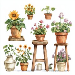 Fototapeta premium Vintage Spring Farm Garden Clip Art: Potted Sunflowers and Geraniums with Wooden Stands in Old Farmhouse Kitchen. Rustic Gardening Decor.