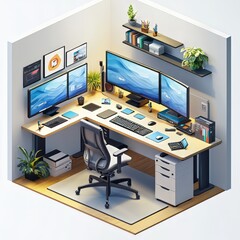 Stylish L-shaped desk setup with multiple monitors, organized accessories, and vibrant decor in a bright and modern workspace. AI generative.