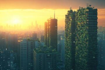 Urban skyline blends nature with architecture, showcasing greene