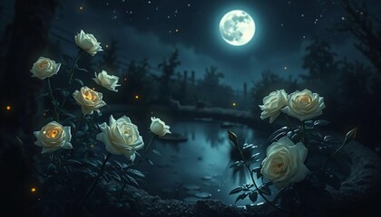 A moonlit garden with glowing white roses glistening with dew under the soft silver light, A small pond reflects the stars and moon above, while fireflies dance around the roses. 