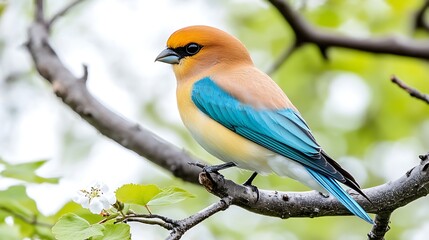 Vibrant Blue winged Bird on Branch  Spring Blossoms