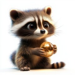 Obraz premium Cute Baby Raccoon Holding a Shiny Golden Ball on a White Background
