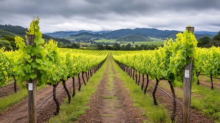 Expansive Vineyard Landscape with Winding Path and Mountainous Backdrop