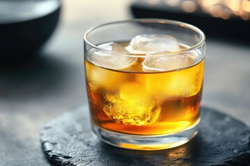 Golden drink with ice, elegantly placed on dark stone surface, c