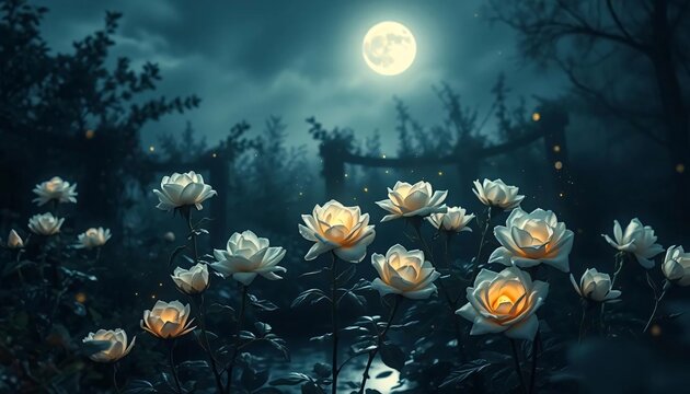 A moonlit garden with glowing white roses glistening with dew under the soft silver light, A small pond reflects the stars and moon above, while fireflies dance around the roses. 