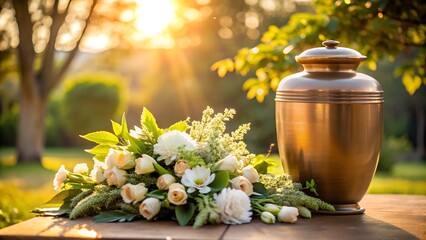 Bronze funeral urn with white flowers at outdoor memorial service, warm sunlight.