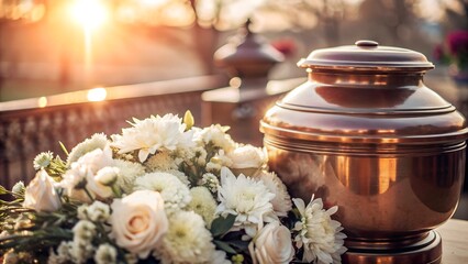 Bronze funeral urn with white flowers at outdoor memorial service, warm sunlight.