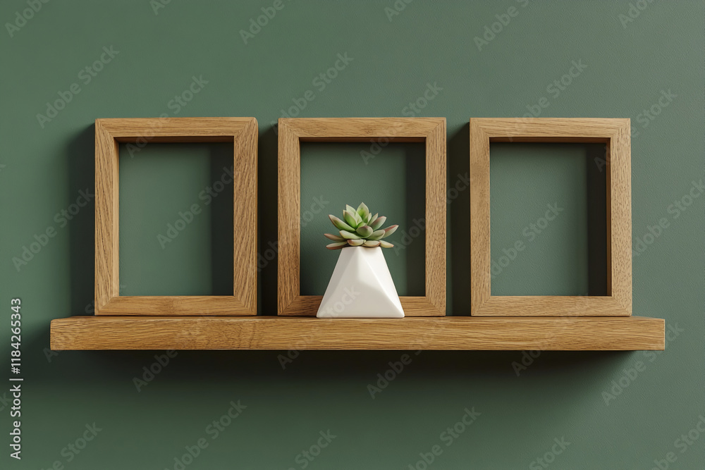 Poster three empty wooden frames on green wall with succulent in geometric vase