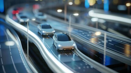 Fototapeta premium Sleek Modern Cars Merging Seamlessly on Futuristic Highway, Symbolizing Technological Integration and Innovation