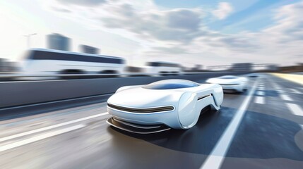 Obraz premium Sleek Modern Cars Merging Seamlessly on Futuristic Highway. Symbolizing Technological Integration and Innovation.