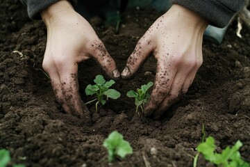 Hands nurturing young plants in rich soil, symbolizing growth an