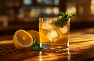 A glass of lemonade with a slice of lemon on the side