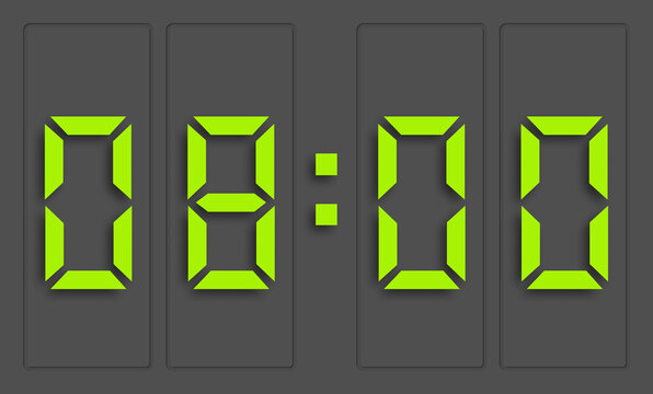 Digital clock with green numbers and dark background, showing 8 o'clock. 