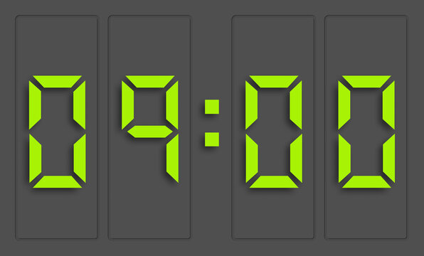 Digital clock with green numbers and dark background, showing 9 o'clock. 