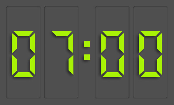 Digital clock with green numbers and dark background, showing 7 o'clock. 