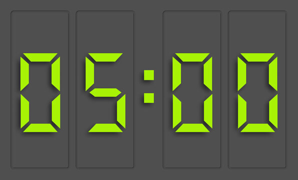 Digital clock with green numbers and dark background, showing 5 o'clock. 