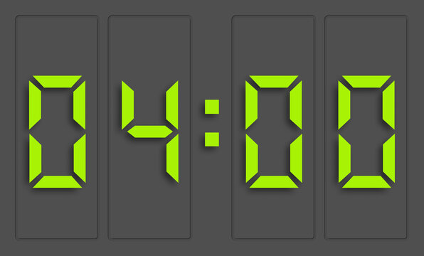 Digital clock with green numbers and dark background, showing 4 o'clock. 