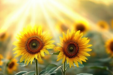 Obraz premium Bright sunflowers bask in warm sunlight, surrounded by lush gree