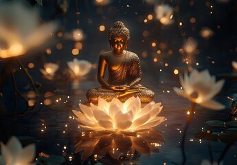 A golden Buddha statue sitting on white flowers, glowing with light and surrounded by soft lighting against a dark background.