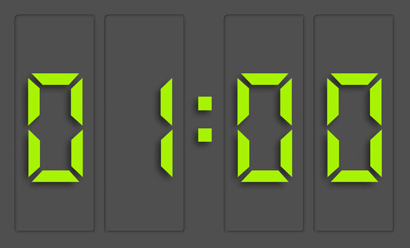 Digital clock with green numbers and dark background, showing 1 o'clock. 