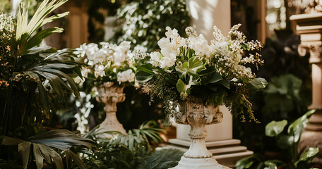 Lush floral arrangements in elegant planters surrounded by greenery.