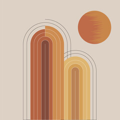 A composition with vertically arranged arches with clear faces and thin lines. Above is the sun in the form of a warm circle.