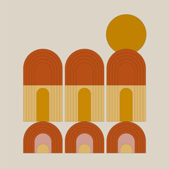This illustration combines abstract arches in warm colors of orange and beige. The circle, symbolizing the sun, adds integrity to the composition, creating an atmosphere of peace and balance.