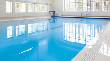 Indoor Pool  Blue Water  Swimming Pool  Modern Architecture  Bright Sunlight  Clean Tiles  Reflections