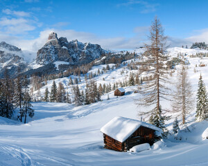 Landscape in the Dolomites in the winter. Alta badia ski resort.