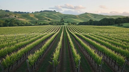 Lush vineyard rows stretch across rolling hills under setting su