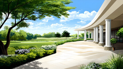 Naklejka premium Serene outdoor event venue with lush gardens scenic views and inviting atmosphere