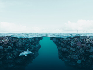 Beneath the Surface: A solitary dolphin glides through a vibrant coral reef, the water surface dividing the scene between sky and underwater world.  