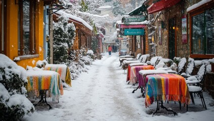 Fototapeta premium Snowy Street with Outdoor Cafe Tables Covered in Colorful Blankets