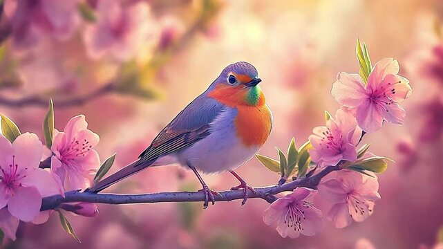 European robin in spring landscape with pink blossom. Robin bird on the blooming tree branch within springtime 4k video. Colorful landscape