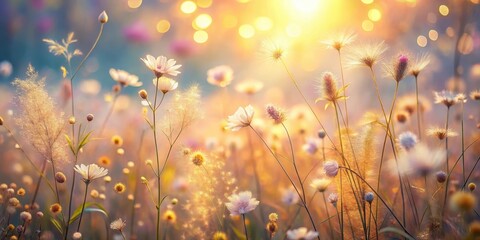 Golden Hour Meadow Delicate Wildflowers and Grasses Bathed in Warm Sunlight's Embrace